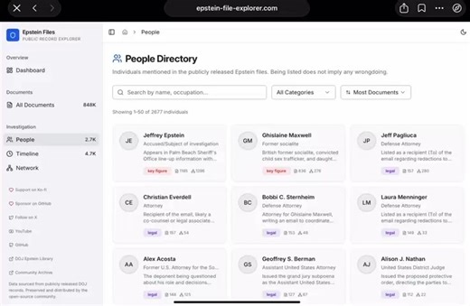 USEFUL TOOLS 🛠️ : The Epstein files have been transformed into an interactive visualization tool hosted on Replit. A developer compiled the full set of documents into a dynamic diagram that lets you navigate and uncover various links and web of associations. Check it out here: https://epstein-file-explorer.fly.dev/ Also worth exploring: A replica of Epstein’s email inbox (https://www.jmail.world/) XPOST https://x.com/i/status/2022321262698094831 | Jake Haack