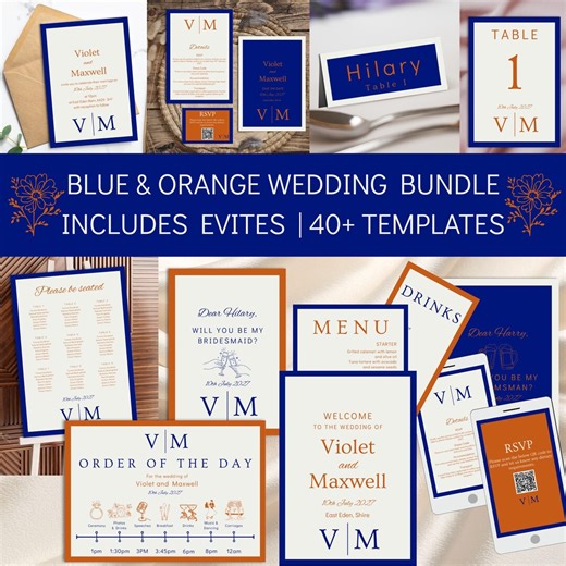 Blue Orange Wedding Templates Bundle, Invites, Seating Plan, Signage, Order of the Day, RSVP, Menu, Drinks, Table Numbers, Name Cards - Etsy