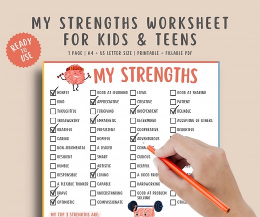 My Strengths Worksheet for Kids & Teens, Self Esteem Journal Children Printable, Mental Health Counseling Therapy, Self Confidence Activity - Etsy