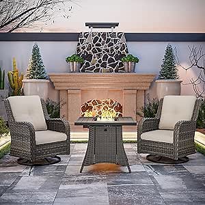 Joyside 3 Piece Wicker Patio Furniture Set with Fire Pit Table, Outdoor Swivel Rocker Patio Chairs with High Back, Deep Seating, Wide Armrest, Thickened Cushions, Outdoor Furniture for Deck, Porch Use