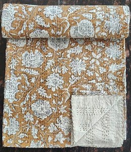 Kantha Quilt Tan Kantha Quilt Kantha Quilt Queen Block Print Quilted Indian Kantha Quilt King Indian Kantha Bedspread Indian Hand Block - Etsy
