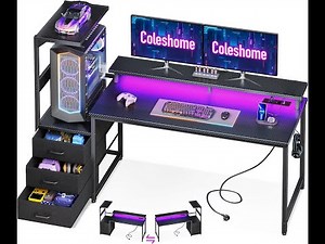 Coleshome Scrivania Gaming Luci LED Prese Corrente Postazione Gaming Cassetti Supporto per Schermo