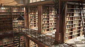 Old university library interior with shelves full of countless vintage books. Beautiful woodwork of shelves and pillars, detailed steel barrier and spiral staircase ornaments. Knowledge archives
