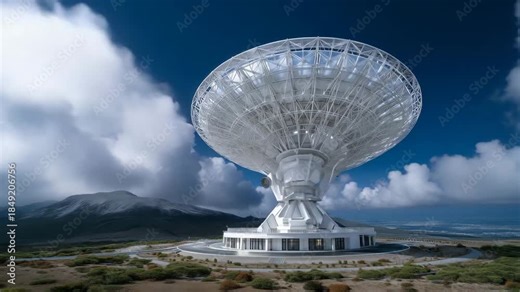4k Very large radio telescope array with massive parabolic satellite dishes pointing toward the sky