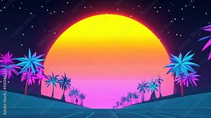 Retro Vibes: 80s Style 3D Animation with Palm Trees and Glowing Stars