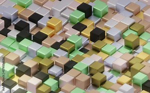 4K video of colorful 3D geometric cubes. The cubes are animated to move up and down in a slow and mesmerizing motion, creating a mesmerizing background. vibrant colors and smooth animation 3D art