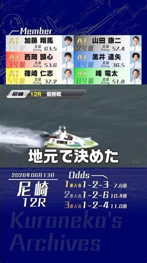 2026年06月13日〔G1尼崎12R｜優勝戦〕 #競艇 #ボートレース #加藤翔馬 #逃げ #G1初優出 #G1初制覇 #地元戦 #千葉アナ #名実況 #水神祭 #山田康二 #尼崎センプルカップ