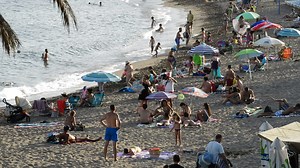 Download Benalmadena, Spain, 2020. Beaches of southern Spain and swimmers crowded on a summer afternoon