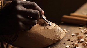 Download Man Carving a Wooden Mask With Hand Tools in His Workshop for free