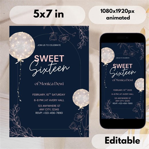 Sweet 16 Invitation Template | Animated & Printable Sweet Sixteen Birthday Invite | Canva Digital 16th - Etsy