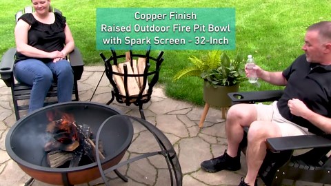 Sunnydaze 32-Inch Copper Fire Pit for Outside - Wood-Burning Fire Pit Bowl with Spark Screen, Wood Grate, and Poker
