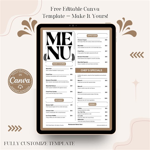 Editable Restaurant Menu Card, Modern Minimal Food Menu Design for Cafe or Bistro, One Page Printable Menu, Instant Download - Etsy