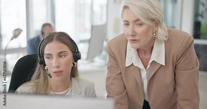 Call center, women and training with computer, coach or helping hand for development, learning and listening. Senior crm, telemarketing agent and question for tech support, mentorship and chat by pc