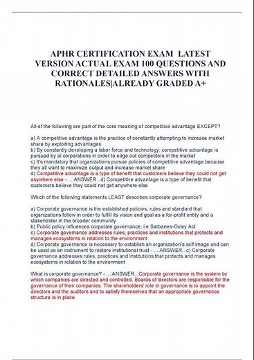 APHR CERTIFICATION EXAM LATEST VERSION ACTUAL EXAM 100 QUESTIONS AND CORRECT DETAILED ANSWERS WITH R