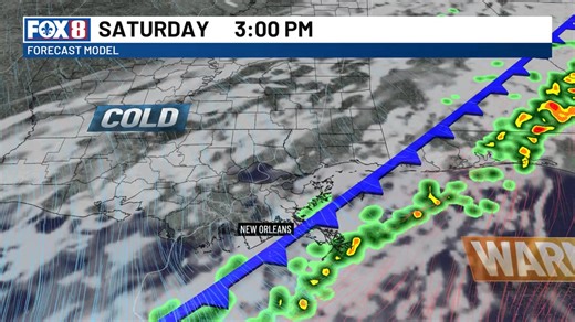 Rain chances through noon Saturday. Flood threat diminishing as tonight a few passing showers. From 6am through noon the front brings moderate to heavy rain, but moves fast and out by 1pm. Windy colder Sunday. | FOX 8 WVUE Weather Team