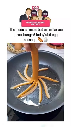 @geenty1 on Instagram: "The post shares a 16-second video tutorial demonstrating how to create "Look Rork," a Thai street food where a sausage is sliced into strips, arranged in a pan, and coated with egg to form a star-shaped omelet, sliced into portions for easy eating. With over 7.8 million views and 2,475 likes in under 24 hours, it taps into viral food hack trends, drawing Indonesian replies praising its simplicity as a breakfast option despite the Thai origin. The technique uses basic ingr