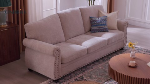 Nailhead Sofa, 66 Inch Small Couch with Rolled Arms, Chenille Fabric Loveseat w/Springs Seat Cushion, Vintage Curved Back, Turned Wood Legs, Comfy Couch for Living Room, Farmhouse, Brown