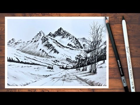 Snowy Mountain Scenery Drawing by Charcoal Pencil | Realistic Landscape Sketch Tutorial