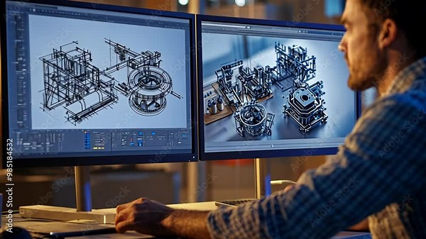 Man designs industrial machinery at workstation with dual monitors in modern workspace late at night