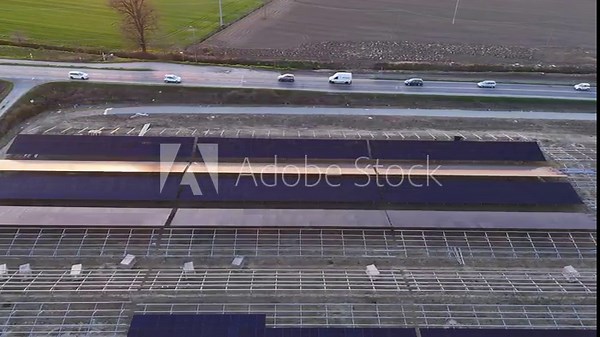 Large scale solar farm construction underway on agricultural land, installing photovoltaic panels for renewable energy production and sustainable power development