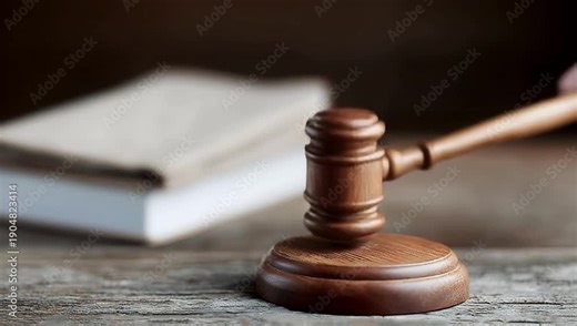 Close up of judge gavel striking sound block in courtroom