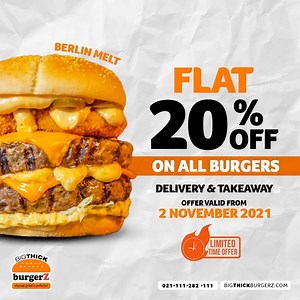 3.5K views · 44 reactions | We have 20% on ALL OUR BURGERS from today onwards 朗朗 It’s a Limited Time Offer. Try it now! DHA, Clifton & Tariq Road To order, call us at: 021-111-282-111 or Visit: www.bigthickburgerz.com to order online now! #bigthickburgerz #tariqroad #classicburgers#OGBurgerz | BTB & More | Facebook