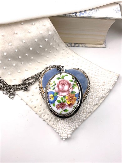 Vintage Oval Porcelain Floral Locket With Silver Tone Chain, Estate Jewelry, Sentimental Keepsake - Etsy