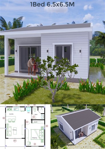 Tiny House Plans 6.5x6.5 Meter 1 Bed 1 Bath Gable Roof | Sam HousePlans