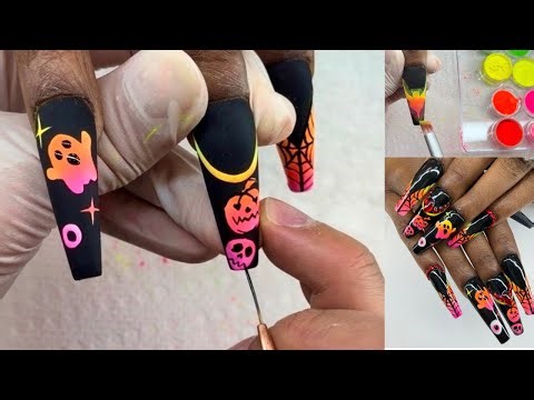 Halloween Nails Design Spooky Design | Pigment Nails Art | Long Acrylic Nails Tutorial Step by Step