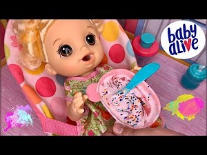 Baby alive magic mixer fixing ice cream whip cream sprinkles then we do dishes