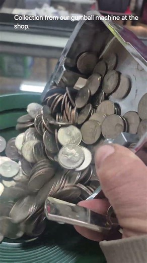 Collection from our gumball machine filled with coins. #moneycollecting #silver #quarters