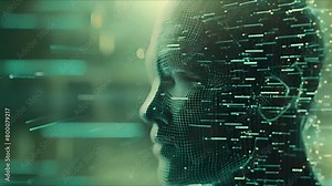 Future AI tech machine learning, circuit board and binary data flow on green background. Human fast digital computing, robot revolution Big data, artificial intelligence