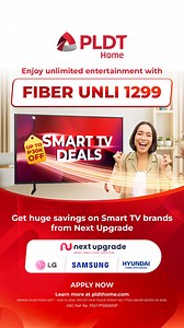 183K views · 19 reactions | Enjoy unli entertainment with PLDT Home and Next Upgrade! Score huge Smart TV savings on LG, Hyundai, and Samsung. Subscribe to Fiber Unli All 1399 and unlock all these perks: ⚡️ Unli Fiber up to 200 Mbps (FREE speedboost until Sep 30 only!)  Unli entertainment from Cignal  Unli calls  Up to ₱30,000 in Smart TV savings! Promo runs until Nov 15, 2025. Don’t miss out, apply now at https://pldthome.info/fiberxnusmarttv | PLDT Home | Facebook