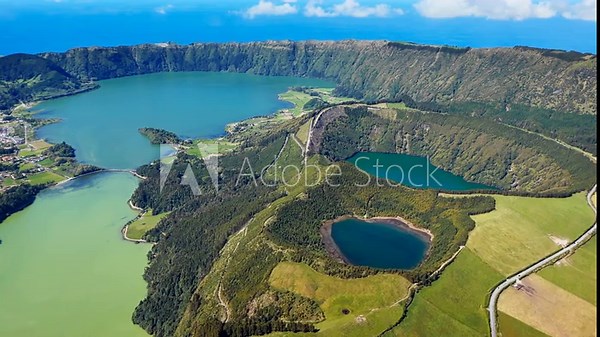 Lagoa de Santiago and Lagoa Azul on San Miguel island of Azores, Crater valley with lakes