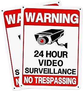2 Pack No Trespassing Signs Private Property - 24 Hour Video Surveillance, Reflective Rust-Free Aluminum, UV Protected, Waterproof Security Camera Signs for Home, Yard, Fence, Driveway (10x7 in)
