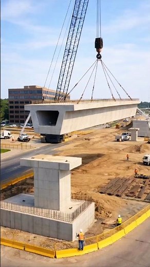 Precast deck installation using a lattice boom crane.