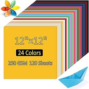 12×12" Colored Cardstock, 120 Sheets Cardstock Paper -24 Assorted Colors Construction Paper, 250GSM/90Ib Colorful Paper, Cardstock for Cricut Machines, Scrapbooking, Card Making, DIY Crafts