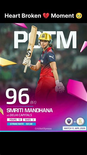 Well Played💔Smriti Mandhana 96 Runs🥹, Pure Class 💥 | WPL 2026 🏏✨ #cricket #viral #cricketlover