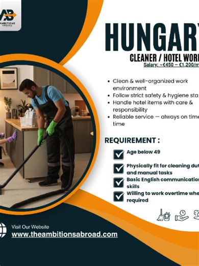 🇭🇺✨ Hungary – Build a Stable & Rewarding Future in Europe! Looking for a fresh start in Europe with a structured and supportive environment? This is your chance to experience international exposure in the heart of Hungary 🌍 🏨 Role Area: Hotel & Cleaning Services Step into a professional setting where discipline, teamwork, and growth are valued every day. 🌟 What Makes Hungary a Great Choice? ✔ Safe & clean European country ✔ Affordable living compared to Western Europe ✔ Strong service & hos