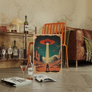 Cowboy Confronts Alien UFO Invasion – Retro Sci-fi Canvas Wall Art in Vintage Desert Western Style With Spaceships and Beam - Etsy