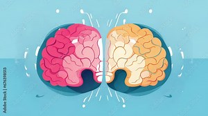 A characters brain is shown split into two halves, each representing their conflicting thoughts and desires. 2d animation
