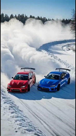 Epic Snow Drift Battle! Two Cars Sliding Side by Side