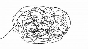 Hand drawn tangle scrawl sketch or black line spherical abstract scribble shape. Tangled chaotic doodle circle drawing circles or thread clew knot