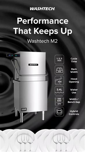 "Topic: Washtech m2 Passthrough Features For greater flexiblity the passthrough dishwasher range now features a fully flexible 'Heads Up Display' controller that can be mounted on either side that is suitable for a better operator workflow. quick cycle times, 500mm width rack 430mm hood opening, low water use at 2.4L compatible bench gap 595-640mm" | Moffat
