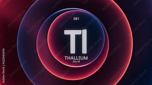 Thallium as Element 81 of the Periodic Table. Concept animation on abstract red blue gradient rings seamless loop background. Title design for science content and infographic showcase backdrop.