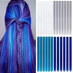 24 Pcs Colored Clip in Hair Extensions 20 Inch Long Straight Party Highlights Synthetic Hairpieces for Women Girls(White, Gray, Blue, Navy blue)
