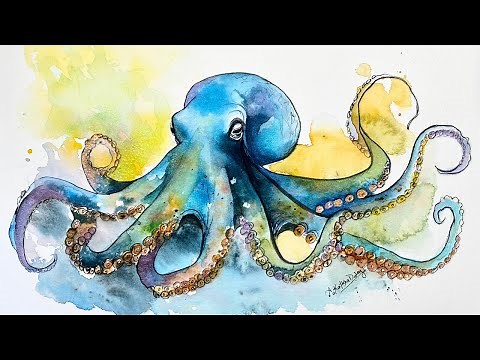 Sparkling Octopus Watercolor Tutorial 🐙✨ Ocean Blues + Glitter Finish!