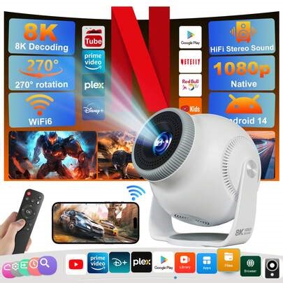 VELEC This Projector Uses The Android 14 System, Supports Wi-Fi 6 And Bluetooth 5.4. It Can Support 1080P/4K/8K Video Decoding, Comes With A 270-Degree Rotatable Stand, And Has Automatic Vertical Keystone Correction, Making It A Portable Projector Suitable For Bedroom And Home Entertainment Use. | SHEIN