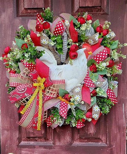 Farmhouse Rooster Wreath: Red Gingham Country Door Decor With Burlap Bow - Etsy