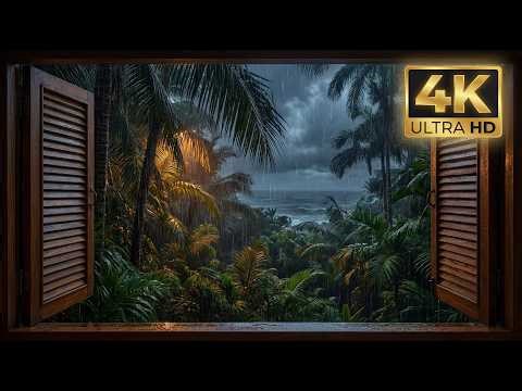 4K Projector Window View: Monsoon Night Rain in Tropical Jungle 🌧️ Rain Sounds for Sleep